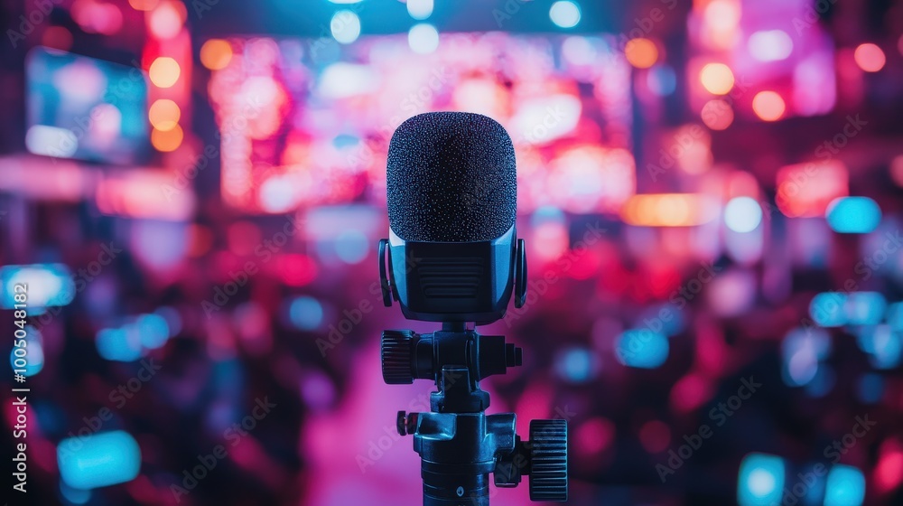 A microphone in focus with vibrant lights in the background. A microphone in focus with vibrant lights in the background.