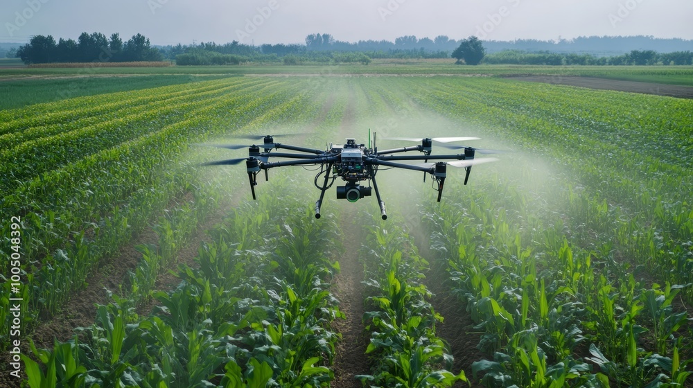 Drone surveying cornfield, embracing technology for modern agriculture Drone surveying cornfield, embracing technology for modern agriculture