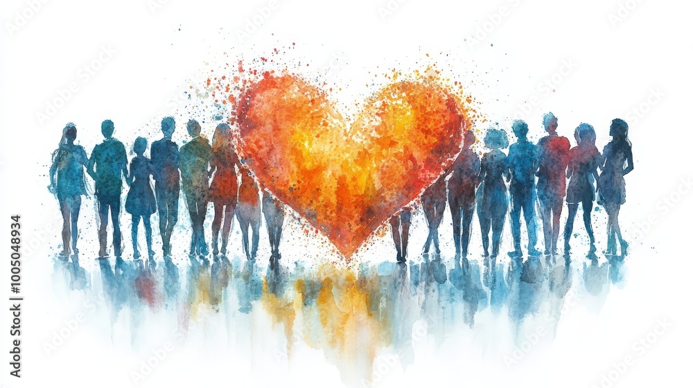 Obraz premium Colorful watercolor illustration of people forming a heart shape with vibrant colors.