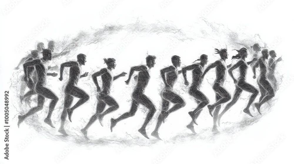 Dynamic illustration of multiple runners in motion, white isolated background. Dynamic illustration of multiple runners in motion, white isolated background.