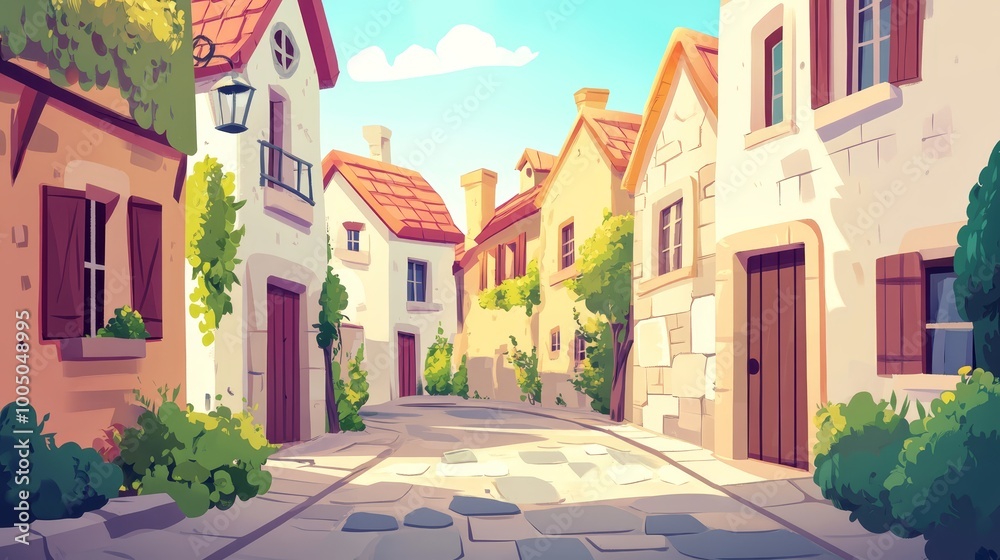 A whimsical stroll down charming cartoon town street, colorful illustration of quaint shops and friendly architecture A whimsical stroll down charming cartoon town street, colorful illustration of quaint shops and friendly architecture