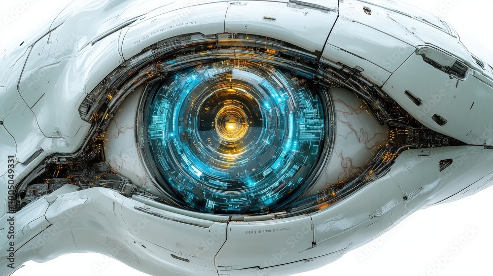 Futuristic robotic eye with intricate details and glowing components. Futuristic robotic eye with intricate details and glowing components.