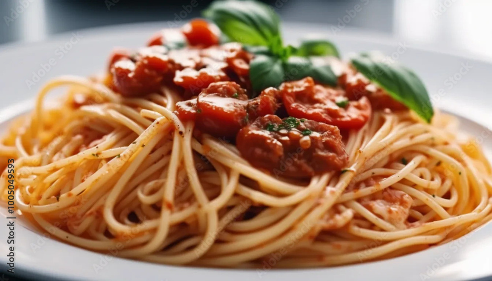 spaghetti with tomato sauce close up, ai spaghetti with tomato sauce close up, ai