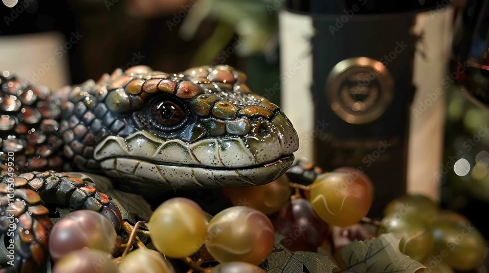 Close-up of a Detailed Lizard Sculpture with Grapes Close-up of a Detailed Lizard Sculpture with Grapes
