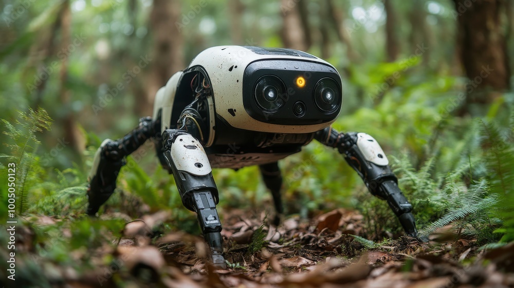 Robot dog exploring a lush forest environment, showcasing advanced robotics. Robot dog exploring a lush forest environment, showcasing advanced robotics.