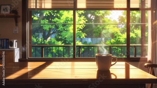 a cup of coffee on a table with the sun shining through the window in anime style