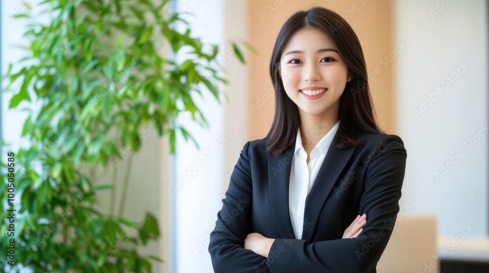 Confident female business leader in black suit looking into camera in modern office with a green indoor plant. Portrait of beautiful smiling Asian businesswoman Confident female business leader in black suit looking into camera in modern office with a green indoor plant. Portrait of beautiful smiling Asian businesswoman