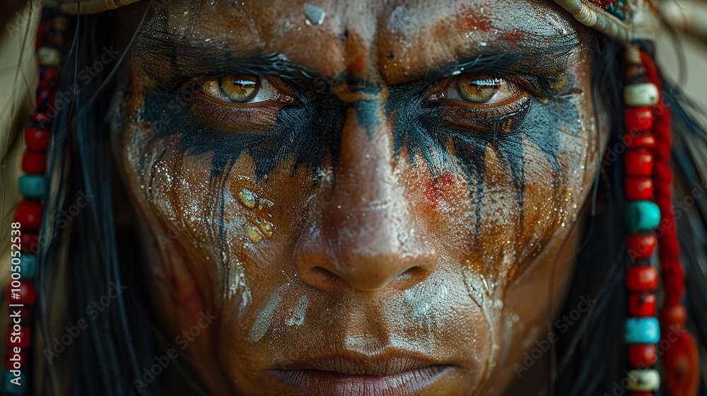 Close-Up Portrait of a Native American Warrior with Intricate Face Paint Close-Up Portrait of a Native American Warrior with Intricate Face Paint