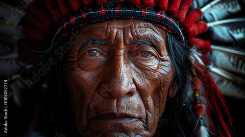 Close Up Portrait of a Native American Elder in Traditional Headdress