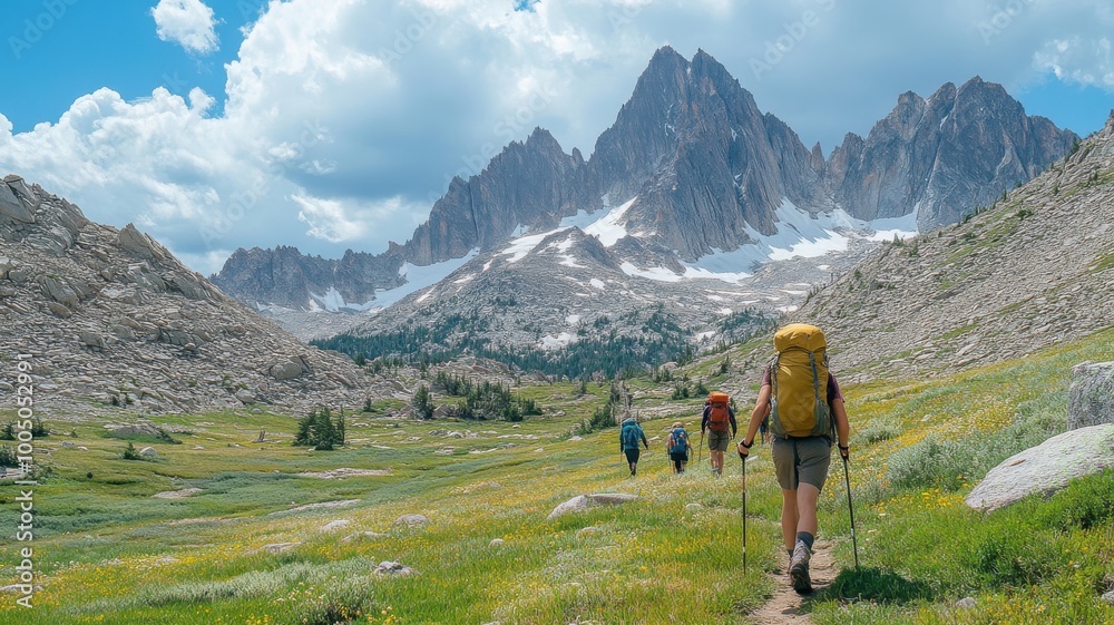 Hikers exploring lush valley with mountain backdrop under clear blue skies. Hikers exploring lush valley with mountain backdrop under clear blue skies.