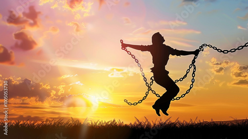 A visual of a person breaking free from chains, symbolizing the act of conquering fear and gaining freedom.
