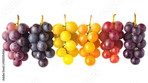 A row of grapes in various colors, including blue, red, yellow, and green