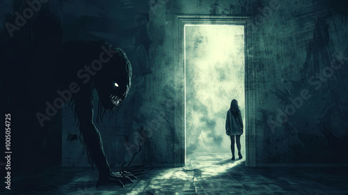 A visual of a person hiding from a looming monster in a dark room, illustrating the fear of the unknown.