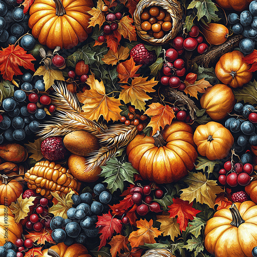 Seamless Thanksgiving Pattern Featuring Turkeys, Pumpkins, and Autumn Elements – Cozy Harvest Design photo