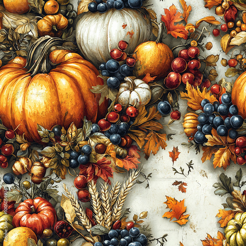 Seamless Thanksgiving Pattern Featuring Turkeys, Pumpkins, and Autumn Elements – Cozy Harvest Design photo