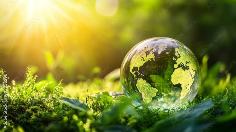 A beautiful glass globe resting in lush green grass under the warm sunlight on clear day A beautiful glass globe resting in lush green grass under the warm sunlight on clear day