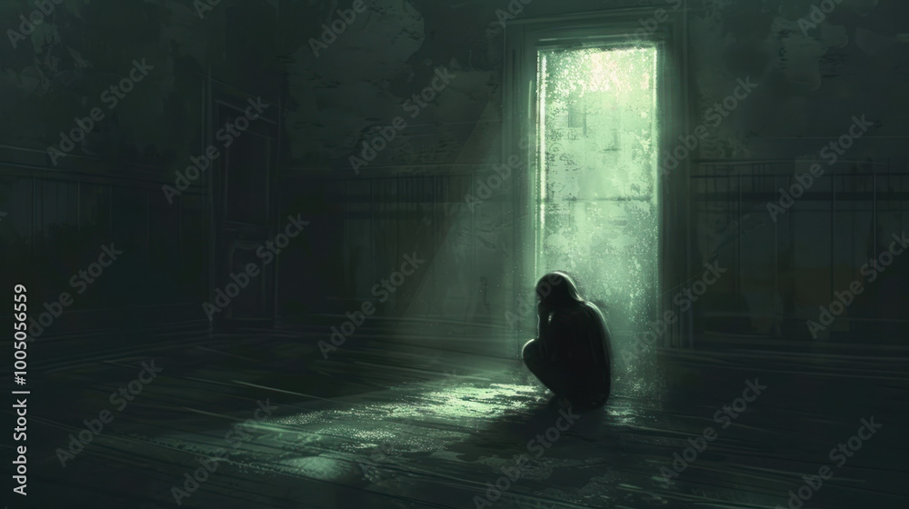 A visual of a person sitting alone in a dimly lit room, their posture reflecting fear and loneliness. A visual of a person sitting alone in a dimly lit room, their posture reflecting fear and loneliness.