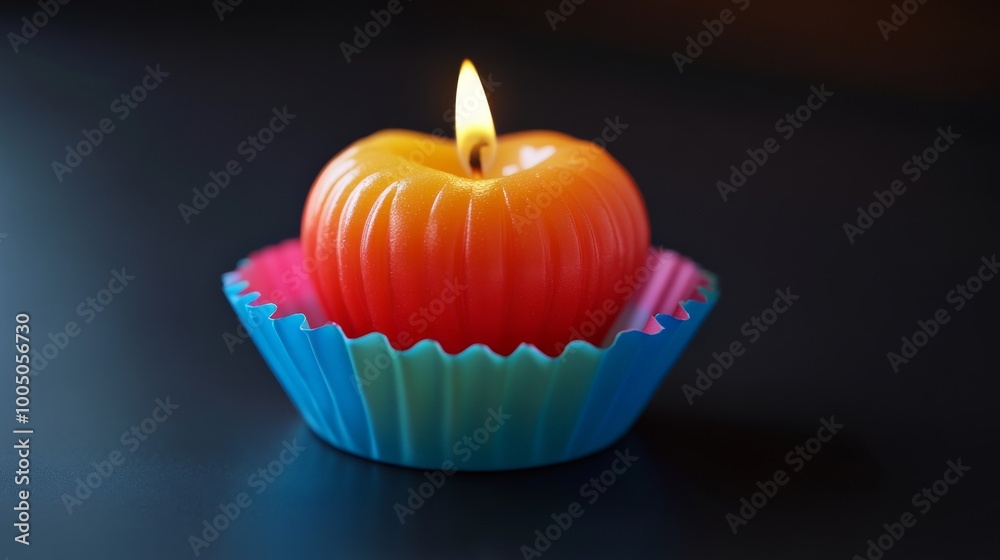 Candle shaped like an apple in a colorful holder on dark background. Unique home decor and relaxation concept Candle shaped like an apple in a colorful holder on dark background. Unique home decor and relaxation concept