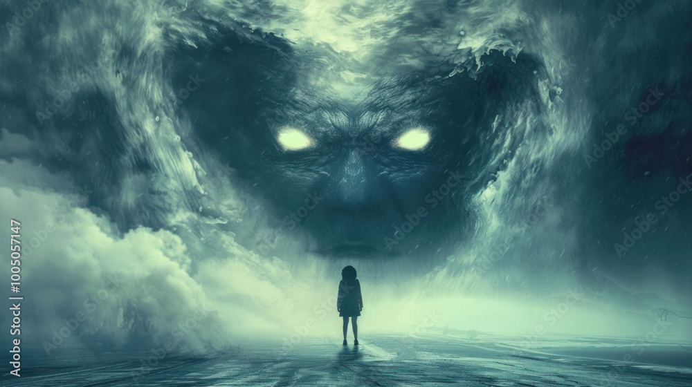 A visual of a person standing bravely in front of a looming threat, their posture exuding courage despite fear. A visual of a person standing bravely in front of a looming threat, their posture exuding courage despite fear.