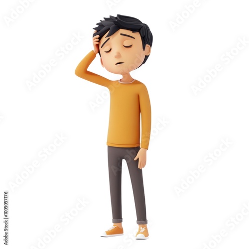 A cartoon boy is holding his head in his hands