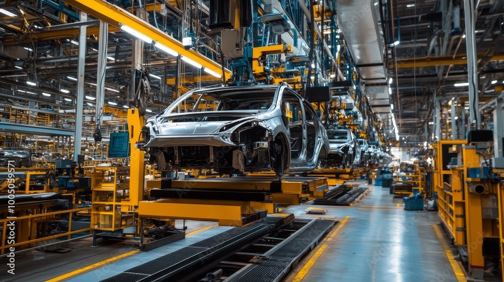 A detailed look at the car production process on an automated assembly line in industrial factory moves along the production line showcasing modern manufacturing and automation techniques