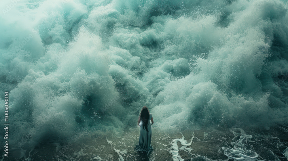 Obraz premium A visual of a woman finding courage in a moment of fear, standing tall and defiant against the unknown.