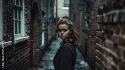 A visual of a woman standing alone in a darkened alley, glancing over her shoulder with fear in her eyes.