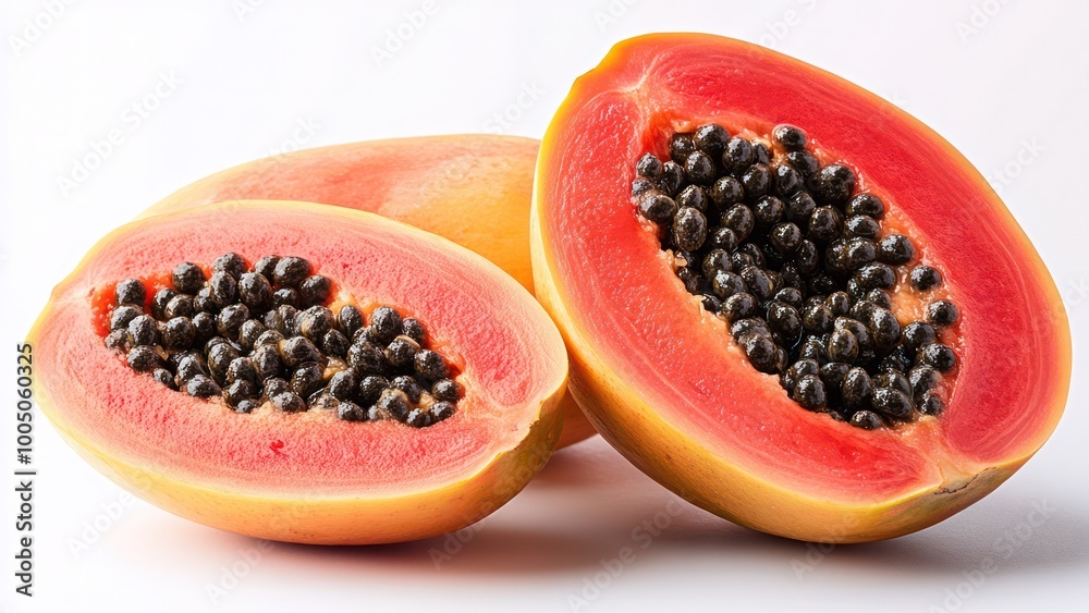 Two pieces of red and yellow fruit with black seeds Two pieces of red and yellow fruit with black seeds