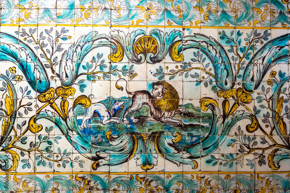 Traditional Portuguese tiles called azulejo, as seen in museum in Lisbon, Portugal