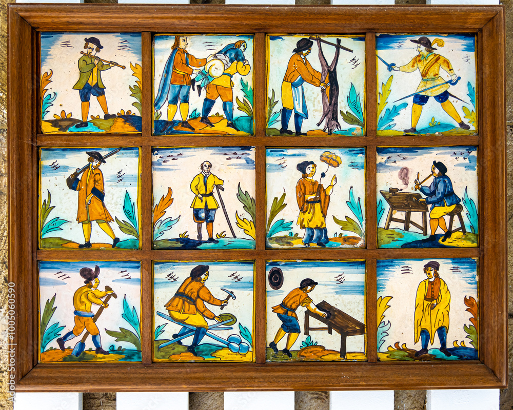 Traditional Portuguese tiles called azulejo, as seen in museum in Lisbon, Portugal