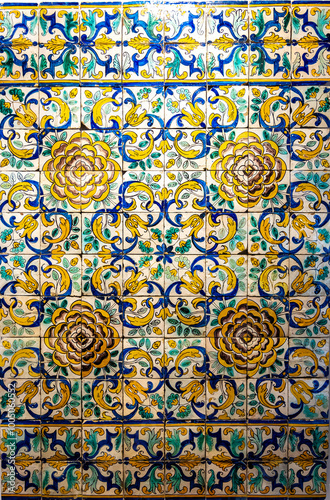 Traditional Portuguese tiles called azulejo, as seen in museum in Lisbon, Portugal