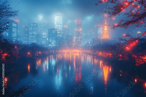 Neon cityscape with futuristic glowing lights reflecting in a lake during nighttime