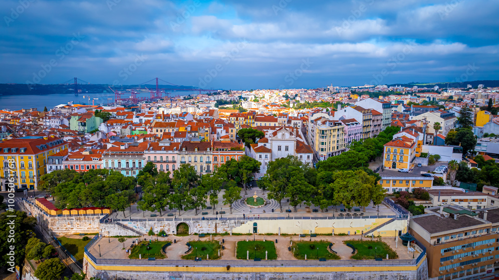 Aerial view of narrow streets of Lisbon in Portugal