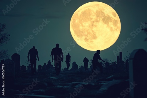 Zombies walking in the creepy cemetery at night and big full moon in the sky: horror and Halloween concept - generative ai