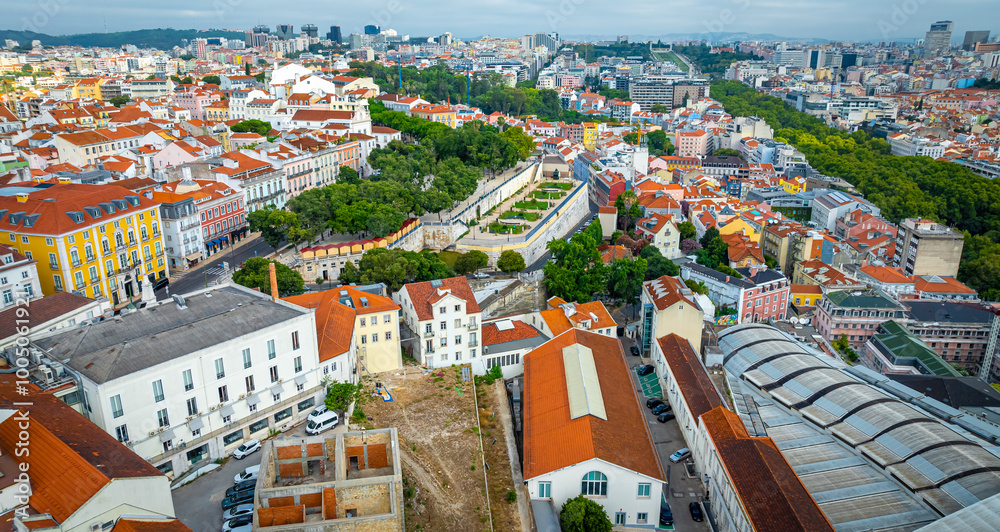 Aerial view of narrow streets of Lisbon in Portugal