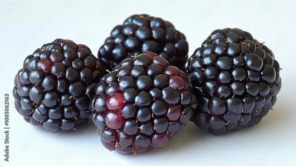 Four black berries are sitting on a white surface Four black berries are sitting on a white surface
