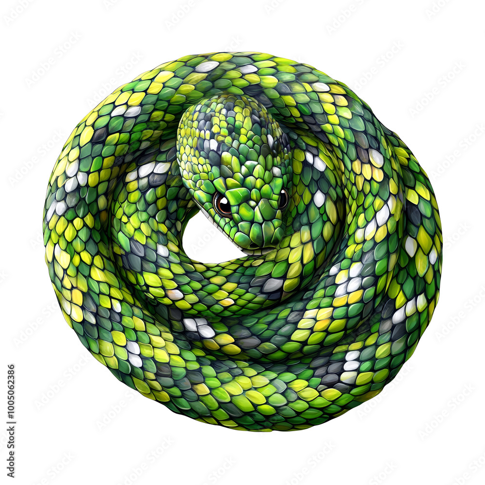 Fototapeta premium Green snake coiled with intricate scales, white isolate background.