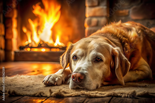 calm older dog lies near warm fireplace, enjoying cozy atmosphere