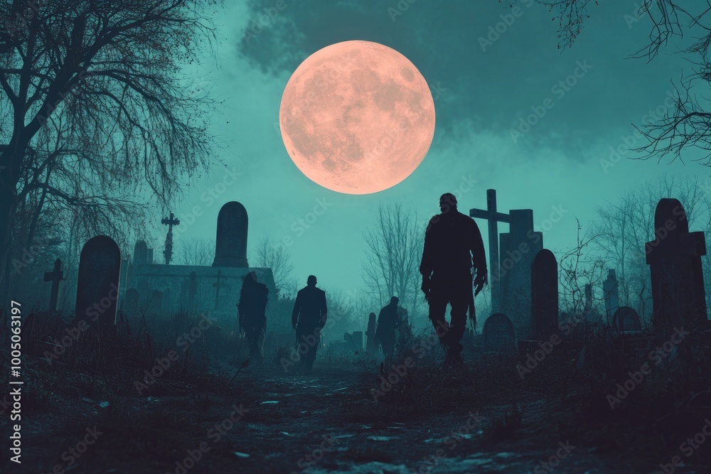 Zombies walking in the creepy cemetery at night and big full moon in the sky: horror and Halloween concept - generative ai Zombies walking in the creepy cemetery at night and big full moon in the sky: horror and Halloween concept - generative ai