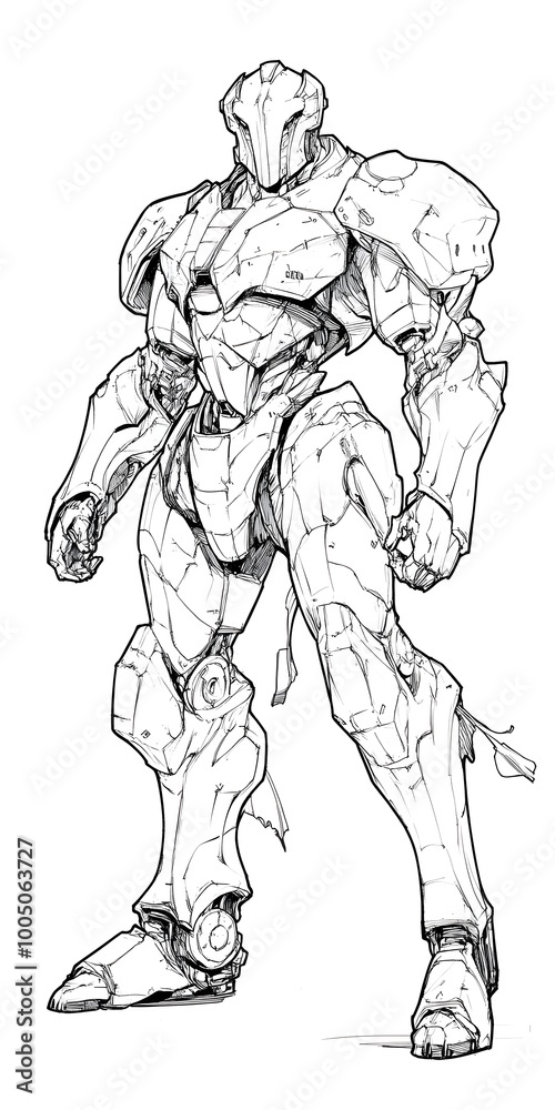 A detailed line drawing of a powerful robot or mech, standing with a determined look. A detailed line drawing of a powerful robot or mech, standing with a determined look.