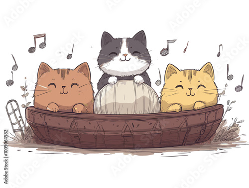 Adorable trio of cats happily playing music in a boat, surrounded by musical notes, perfect for whimsical, playful, and cute illustrations