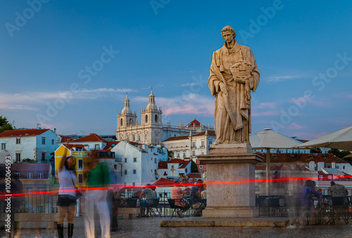 Twilight view of Alfama, one of Lisbon’s oldest areas with shops selling traditional crafts and cafes, Portugal