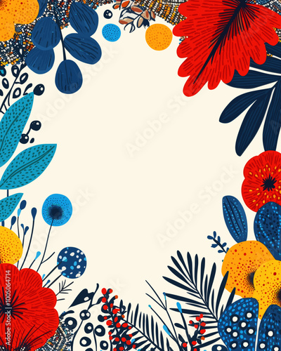 Bright and bold floral border with vibrant blue, red, and yellow flowers on a light background, ideal for invitations or decorative design