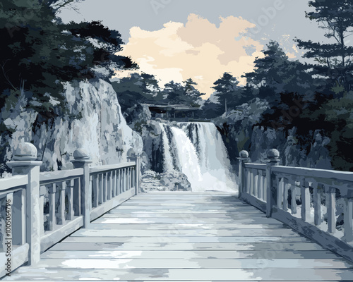 Tranquil wooden bridge overlooking a cascading waterfall in a serene forest landscape, perfect for peaceful nature-themed artwork and designs