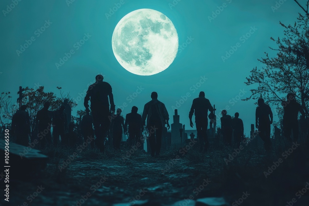 Zombies walking in the creepy cemetery at night and big full moon in the sky: horror and Halloween concept - generative ai Zombies walking in the creepy cemetery at night and big full moon in the sky: horror and Halloween concept - generative ai