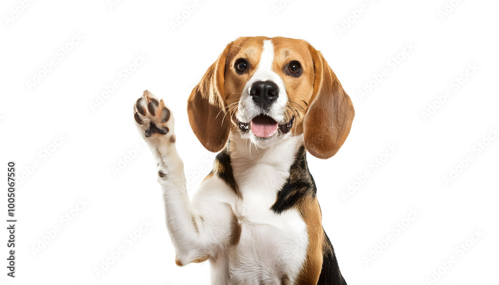 Beagle dog raising its paw and looking towards the front of the camera on white background Beagle dog raising its paw and looking towards the front of the camera on white background