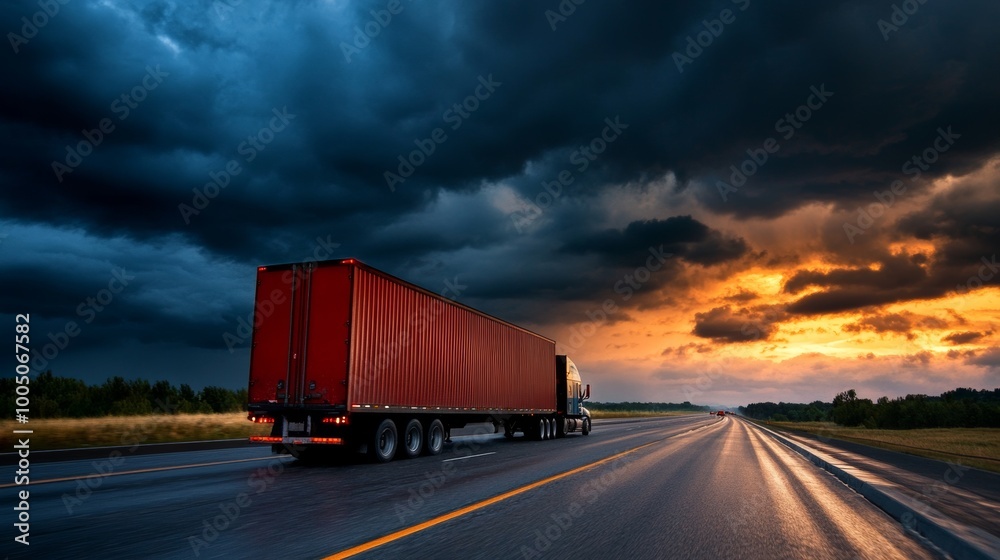 Truck Driving on Open Highway at Sunset Truck Driving on Open Highway at Sunset