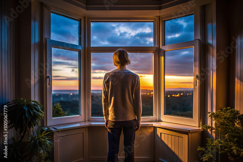 figure stands by bay window, gazing at stunning sunset view