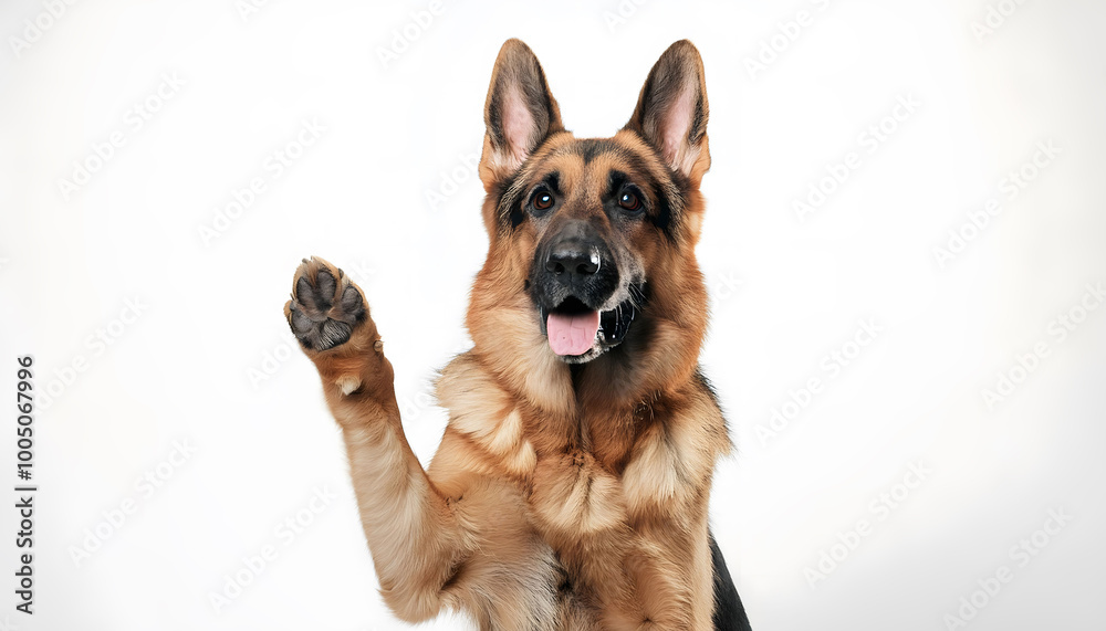 German Shepherd dog raising its paw and looking towards the front of the camera on white background German Shepherd dog raising its paw and looking towards the front of the camera on white background