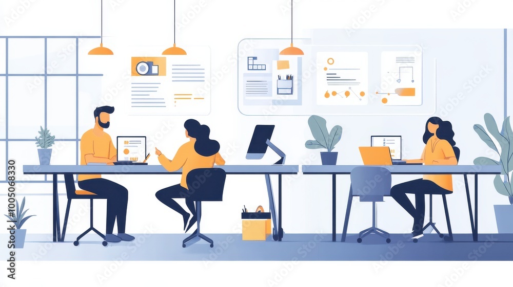 Modern office workspace with professionals collaborating on projects. Modern office workspace with professionals collaborating on projects.